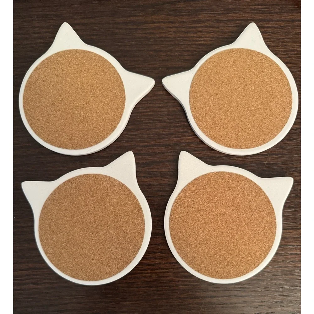 Absorbent Ceramic Cat Coasters with Cork Base Set Of 4